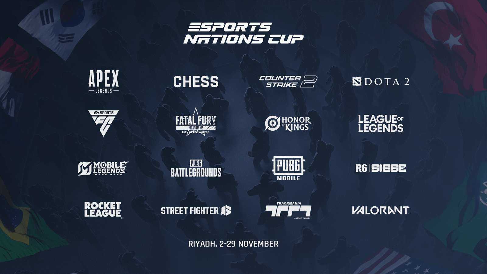 Official logo and participating game titles of the inaugural Esports Nations Cup 2026 in Riyadh, featuring games like Dota 2, Counter-Strike 2, and Chess.
