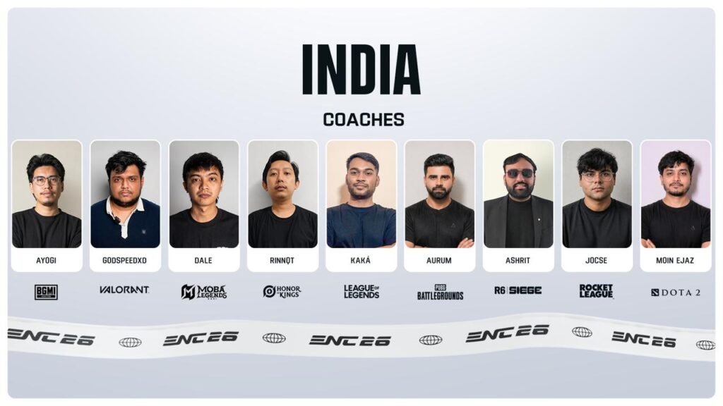 The official Team India coaching lineup appointed by NODWIN Gaming for the Esports Nations Cup 2026.