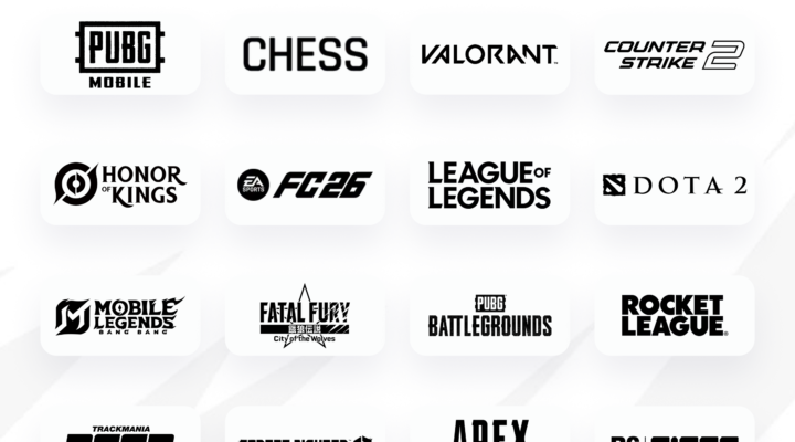 Official logo and participating game titles of the inaugural Esports Nations Cup 2026 in Riyadh, featuring games like Dota 2, Counter-Strike 2, and Chess.