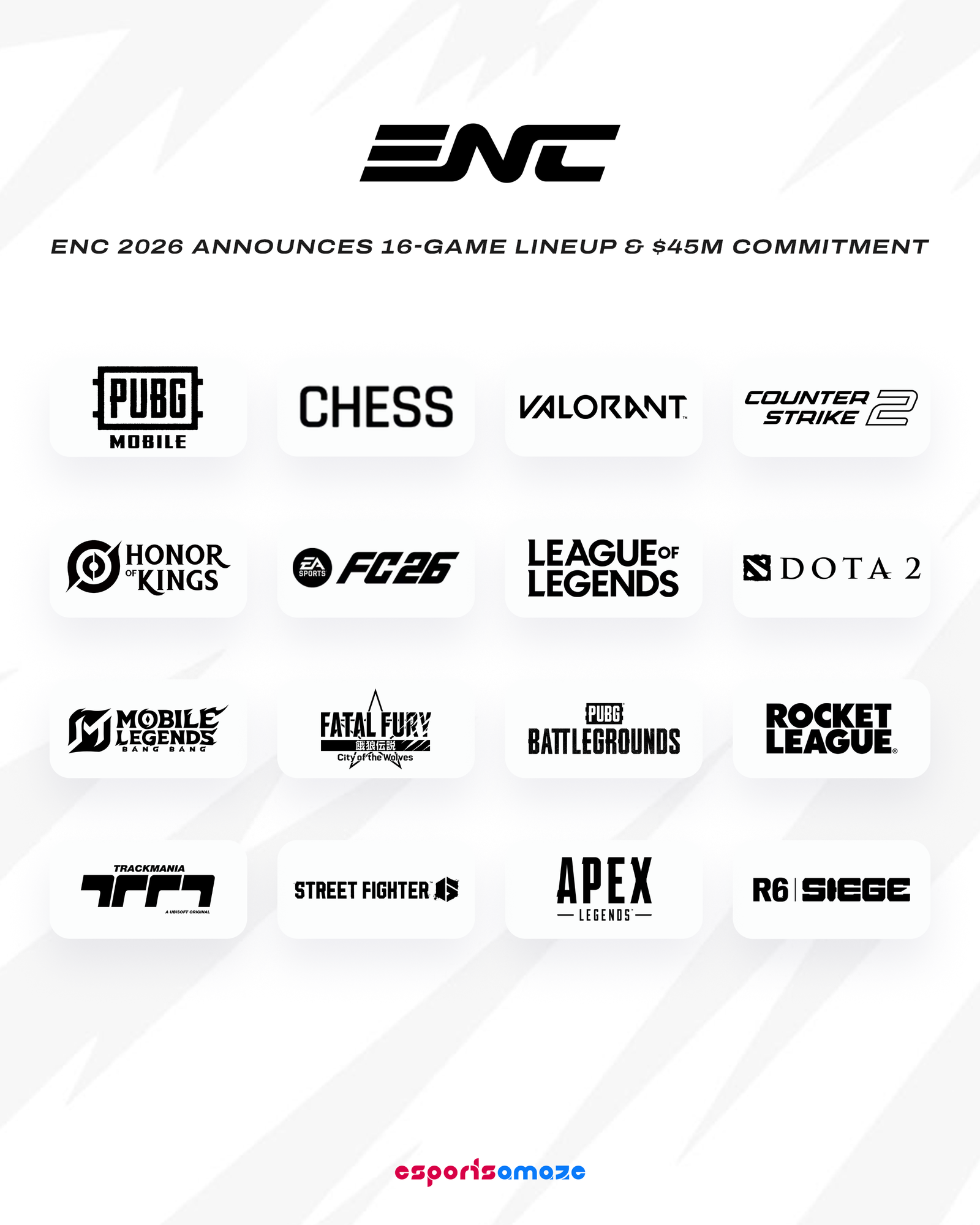 Official logo and participating game titles of the inaugural Esports Nations Cup 2026 in Riyadh, featuring games like Dota 2, Counter-Strike 2, and Chess.