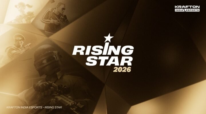 KRAFTON India Esports Rising Star 2026 official golden promotional banner featuring PUBG and BGMI characters