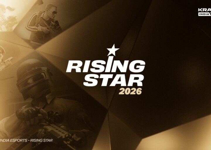 KRAFTON India Esports Rising Star 2026 official golden promotional banner featuring PUBG and BGMI characters