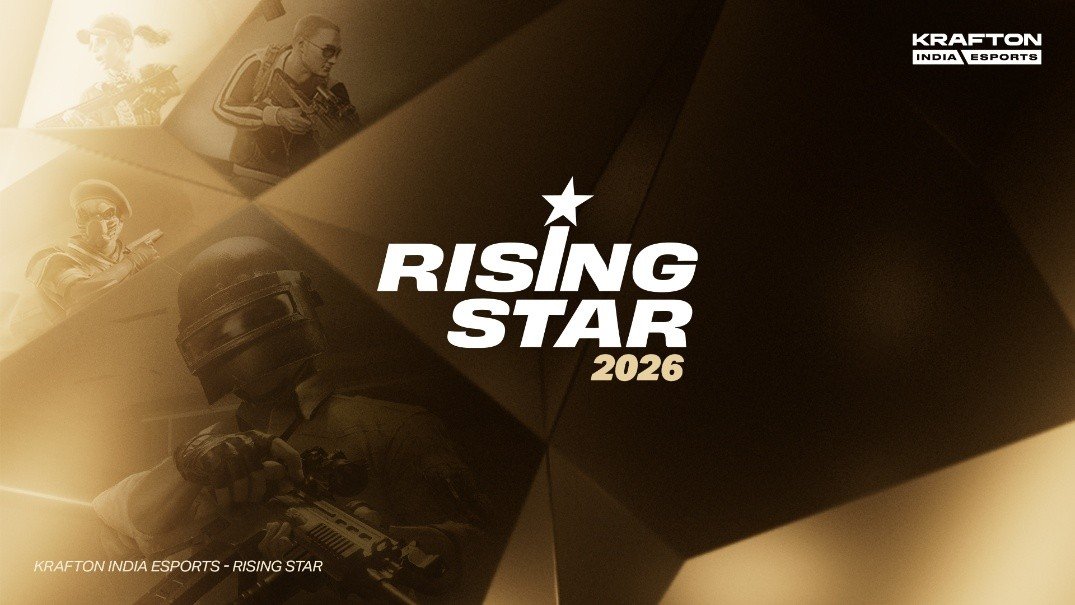 KRAFTON India Esports Rising Star 2026 official golden promotional banner featuring PUBG and BGMI characters