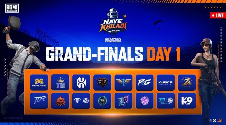 Official Day 1 overall standings leaderboard for the BGMI Naye Khiladi Grand Finals showing Team Free Agents at the top.