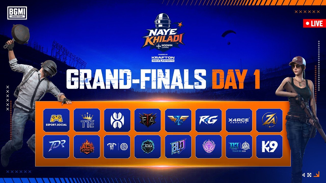 Official Day 1 overall standings leaderboard for the BGMI Naye Khiladi Grand Finals showing Team Free Agents at the top.
