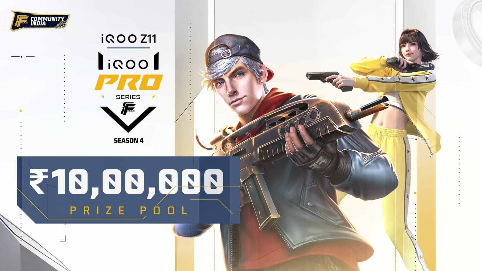 Official promotional graphic for iQOO Pro Series Season 4 Free Fire MAX featuring the iQOO Z11 smartphone and a ₹10,00,000 prize pool announcement.